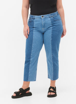 Croppade Vera jeans med colour block, Blue denim, Model image number 2