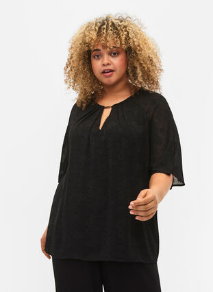 Kortärmad blus med struktur, Black, Model image number 0