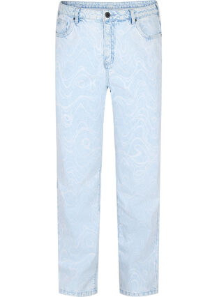 Ankellånga Millie mom jeans med tryck, Light blue denim, Packshot image number 0