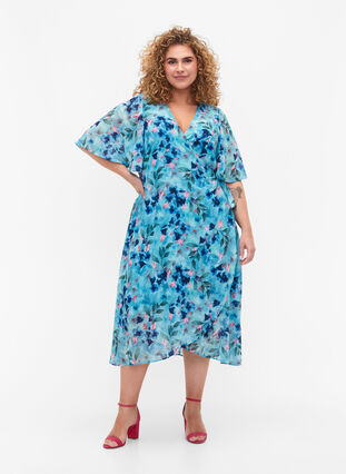 Blommig omlottklänning med korta ärmar, Trellis AOP, Model image number 2