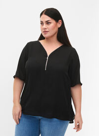 V-hals blus med dragkedja, Black, Model