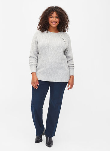 Melerad stickad tröja med pärlknappar, Light Grey Melange, Model image number 3