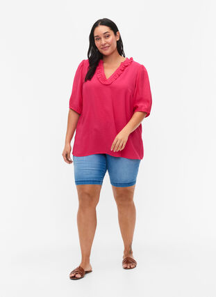 Blus i viskos med puffärm och volanger, Bright Rose, Model image number 2