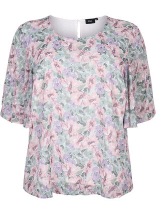Blus i blommönster och slits vid ärm, Flower AOP, Packshot image number 0