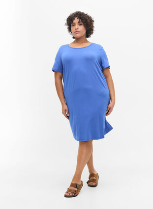 Kortärmad viskosklänning med detalj på ryggen, Dazzling Blue, Model image number 3