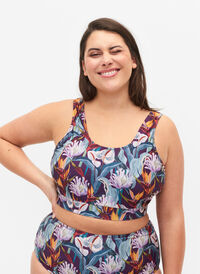 Mönstrad bikinitop med rund halsringning, Deep Tropical Print, Model