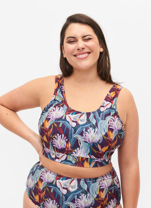 Mönstrad bikinitop med rund halsringning, Deep Tropical Print, Model image number 0