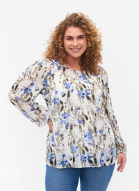 Mönstrad blus med långa ärmar, Blue Flower AOP, Model