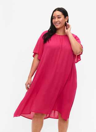 Viskosklänning med korta ärmar, Bright Rose, Model image number 0