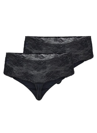 2-pack stringtrosor med bred spetskant, Black, Packshot image number 1