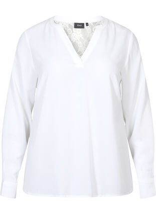 Långärmad blus med spetsdetalj , Bright White, Packshot image number 0