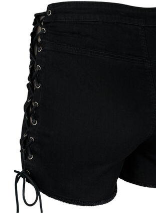 Denimshorts med slitna detaljer och snörning, Black Denim, Packshot image number 3