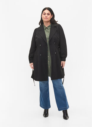 Trenchcoat med bälte och fickor, Black, Model image number 2