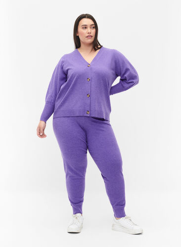 Stickade, melerade byxor med ribbade kanter, Purple Opulence Mel., Model image number 0