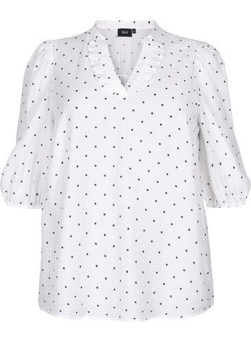 Prickig blus med 3/4-ärmar i viskoskvalitet, White Dot, Packshot image number 0