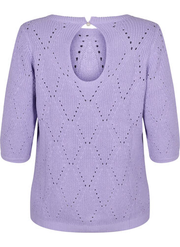 Stickad topp med 3/4-ärmar och hålmönster, Lavender, Packshot image number 1