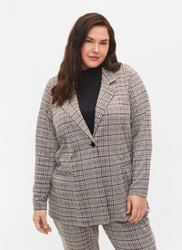 Rutig blazer med knapp, Brown Check, Model