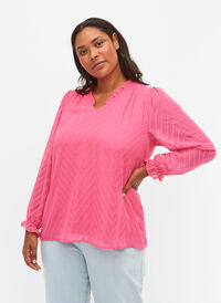 Blus med långa ärmar och volanger, Shocking Pink, Model