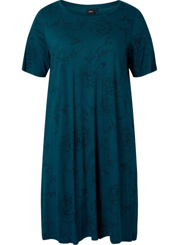 Tryckt nattlinne i viskos, Deep Teal Flower, Packshot image number 0