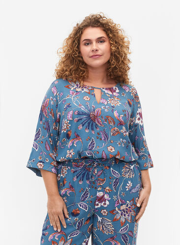 Mönstrad viskosblus med korta ärmar, Smoke Blue Paisley, Model image number 0