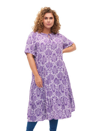Kortärmad viskosklänning med mönster, D. Lavender Oriental, Model image number 0