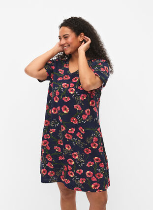 Kortärmad bomullsklänning med blommigt mönster, Night sky Red flower, Model image number 0