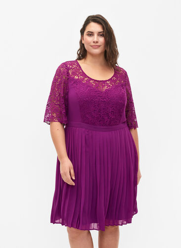 Kortärmad klänning med spets, Grape Juice, Model image number 0