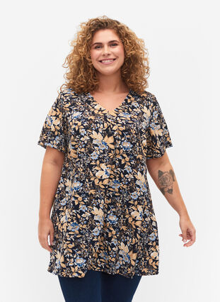 FLASH - V-ringad tunika med tryck , Brown Blue Flower, Model image number 0