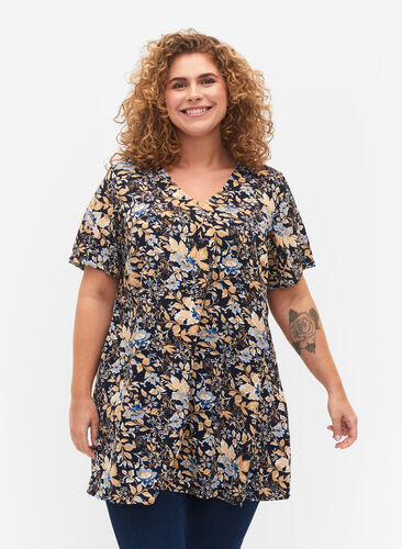 FLASH - V-ringad tunika med tryck , Brown Blue Flower, Model image number 0