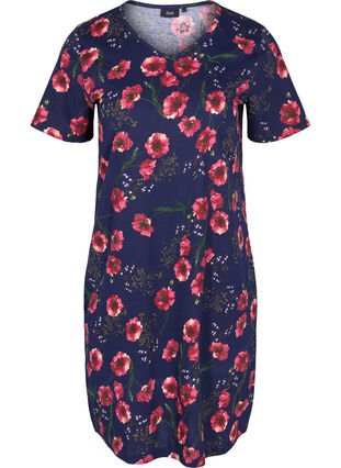 Kortärmad bomullsklänning med blommigt mönster, Night sky Red flower, Packshot image number 0
