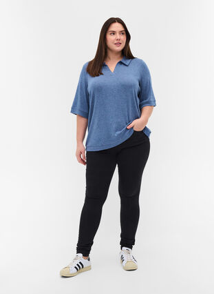 Melerad topp med krage och 2/4 ärmar, Blue Melange, Model image number 2