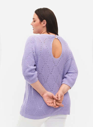 Stickad topp med 3/4-ärmar och hålmönster, Lavender, Model image number 1
