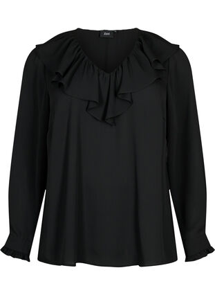 Långärmad blus med volang, Black, Packshot image number 0