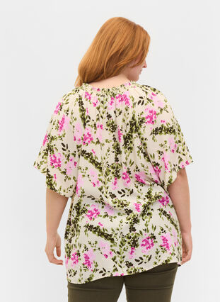 Viskosblus med korta ärmar, Green Pink AOP, Model image number 1