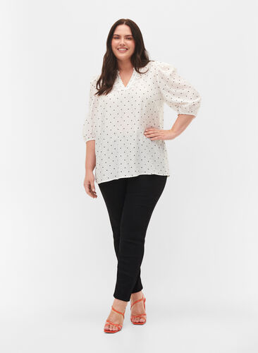 Prickig blus med 3/4-ärmar i viskoskvalitet, White Dot, Model image number 2