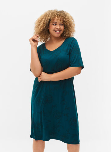 Tryckt nattlinne i viskos, Deep Teal Flower, Model image number 0