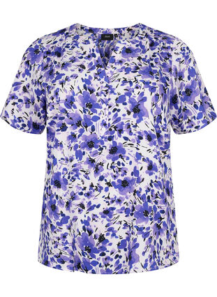 V-ringad blus med korta ärmar, Purple Small Flower, Packshot image number 0