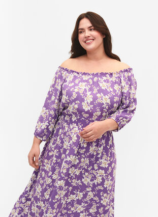 Blommig off-shoulder midiklänning i viskos, Purple Flower AOP, Model image number 1