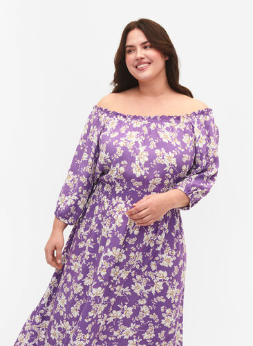 Blommig off-shoulder midiklänning i viskos, Purple Flower AOP, Model image number 1