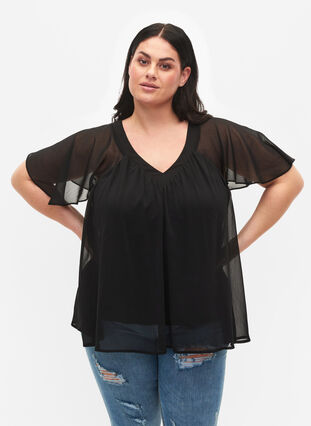 Enfärgad blus med fladdermusärmar och V-ringad hals, Black, Model image number 0