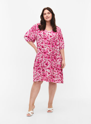 A-linjeskuren blommig klänning i viskos, Pink Flower Rain, Model image number 2