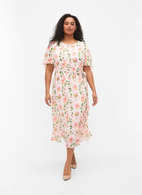 Kortärmad midiklänning med blommönster, White w. Pink Flower, Model