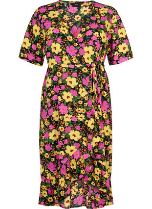 Tryckt omlottklänning med korta ärmar, Yellow Pink Flower, Packshot image number 0