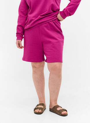 Shorts i sweatshirtmaterial med texttryck, Festival Fuchsia, Model image number 2