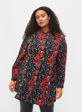 Lång blommig skjorta i viskos, Black Flower, Model image number 0