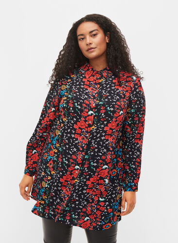 Lång blommig skjorta i viskos, Black Flower, Model image number 0