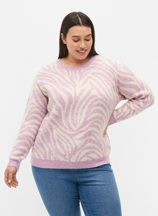 Stickad tröja med mönster, Lavender  Mel Comb., Model image number 0