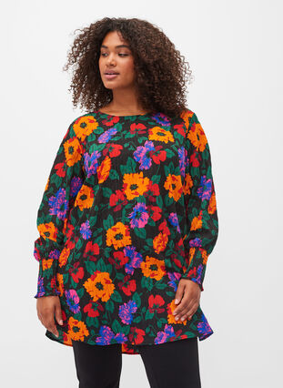 Blommig tunika med smock, Multi Flower AOP, Model image number 0