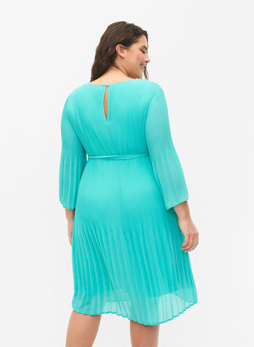 Plisserad klänning med 3/4-ärmar, Turquoise, Model image number 1