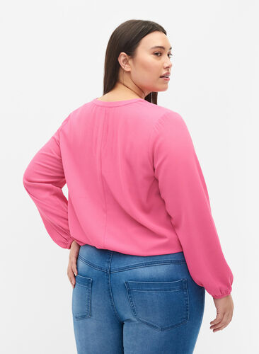 Enfärgad blus med v-hals, Shocking Pink, Model image number 1
